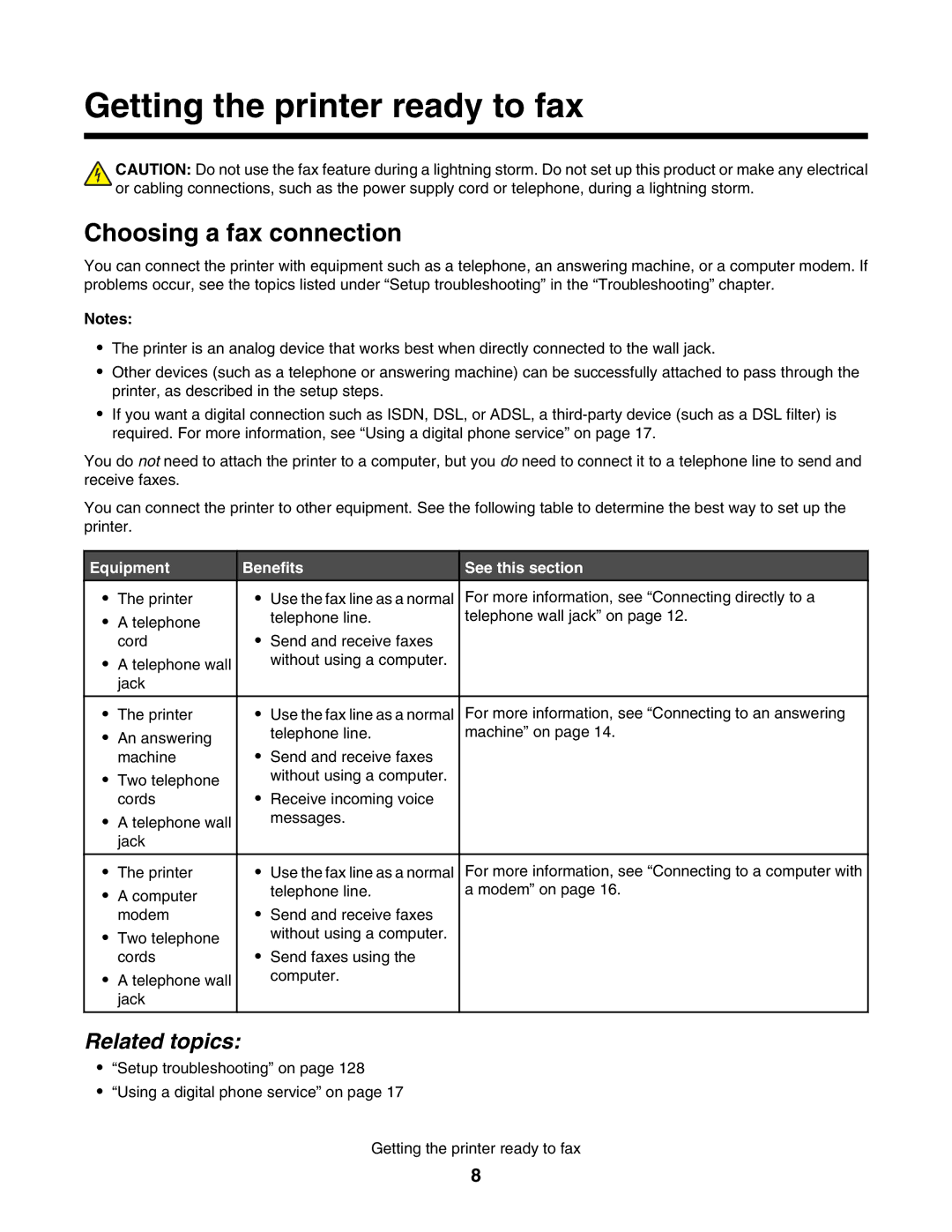 Lexmark 5000 Series manual Getting the printer ready to fax, Choosing a fax connection, Related topics 