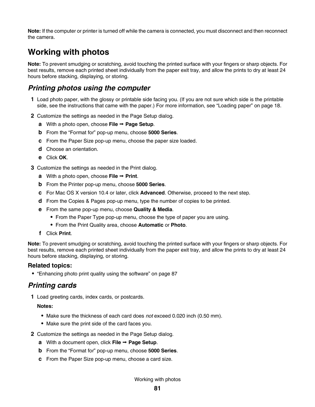 Lexmark 5000 Series manual Working with photos, Printing photos using the computer 