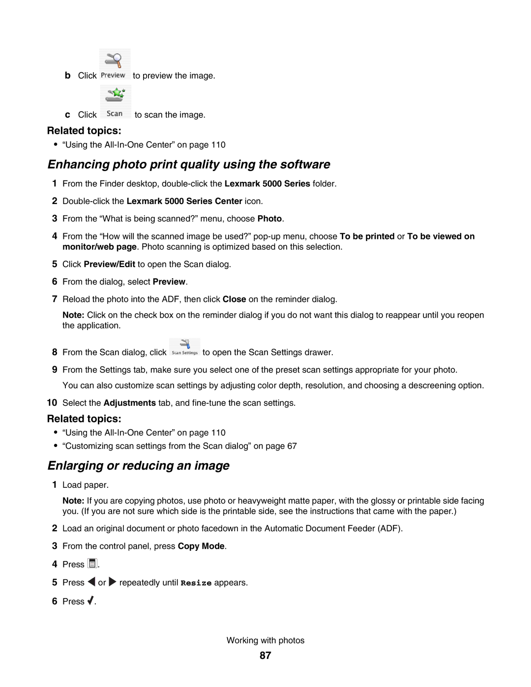 Lexmark 5000 Series manual Enhancing photo print quality using the software, Enlarging or reducing an image 