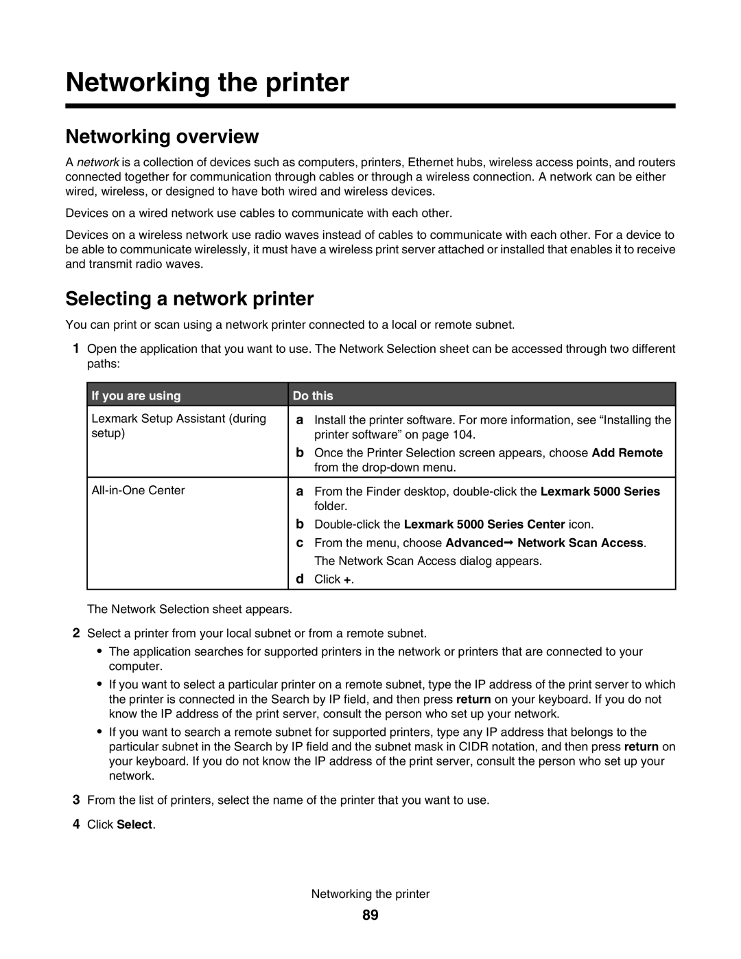 Lexmark 5000 Series Networking the printer, Networking overview, Selecting a network printer, If you are using, Do this 