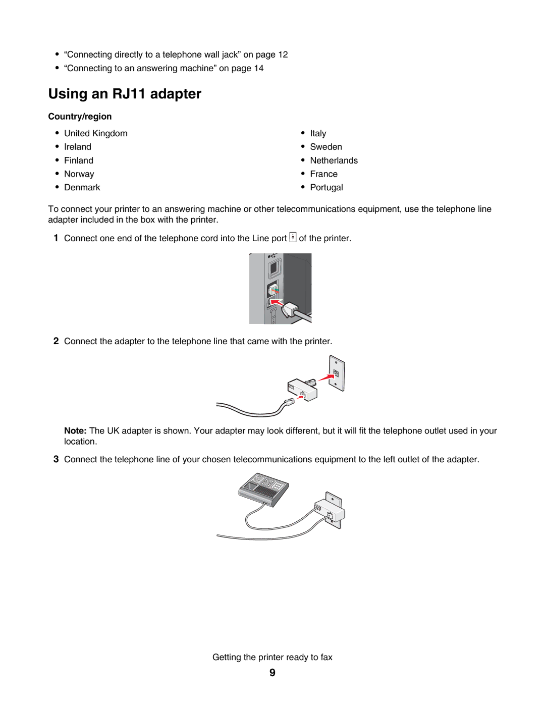 Lexmark 5000 Series manual Using an RJ11 adapter, Country/region 