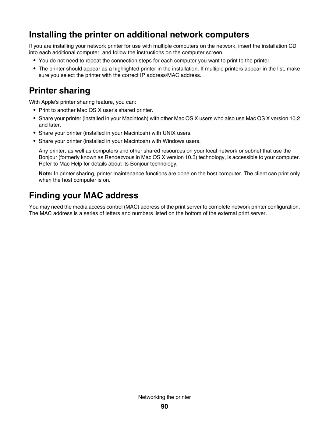 Lexmark 5000 Series Installing the printer on additional network computers, Printer sharing, Finding your MAC address 