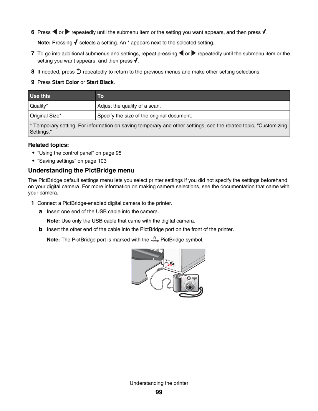 Lexmark 5000 Series manual Understanding the PictBridge menu, Press Start Color or Start Black 