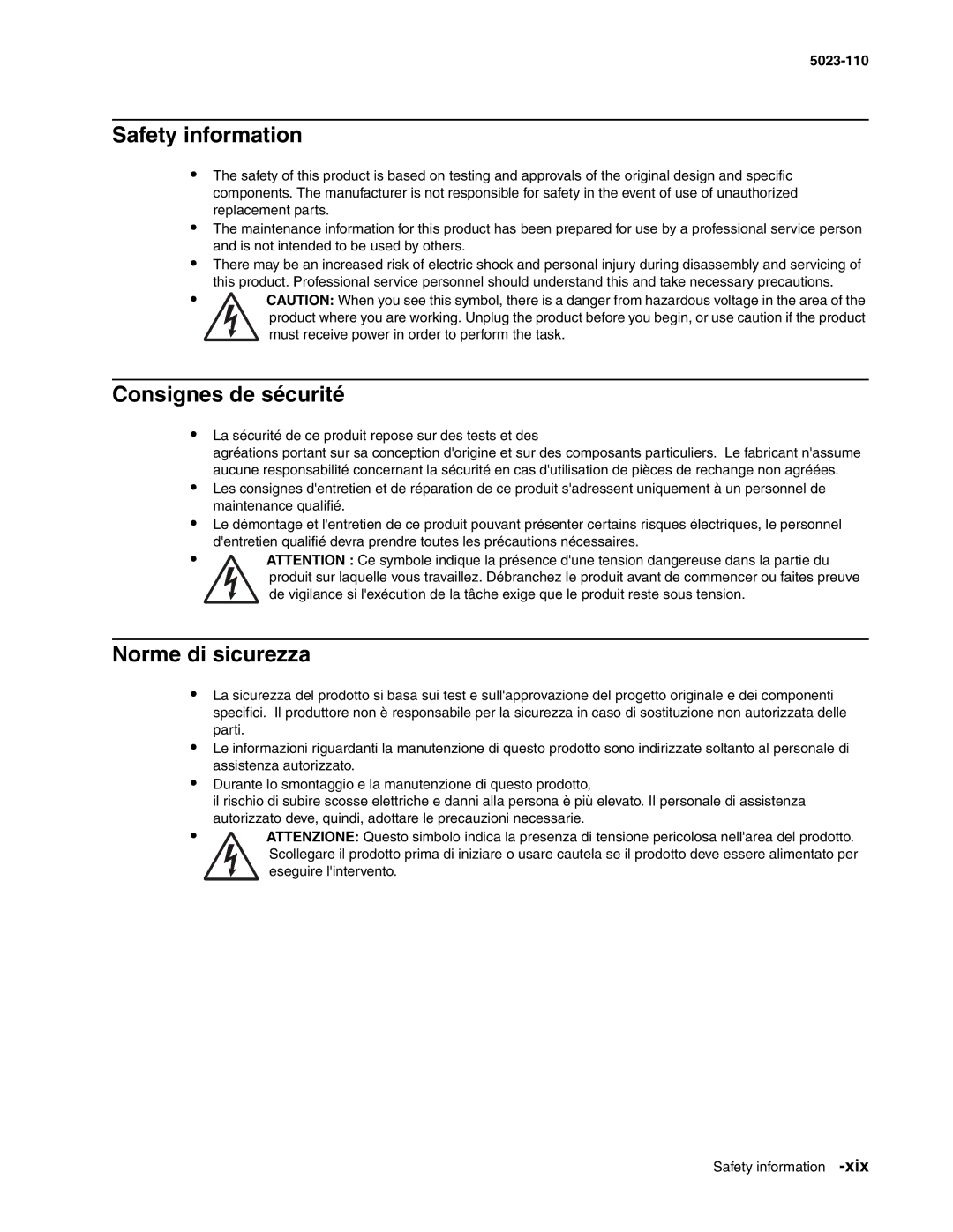 Lexmark 500n manual Safety information, Consignes de sécurité, Norme di sicurezza 