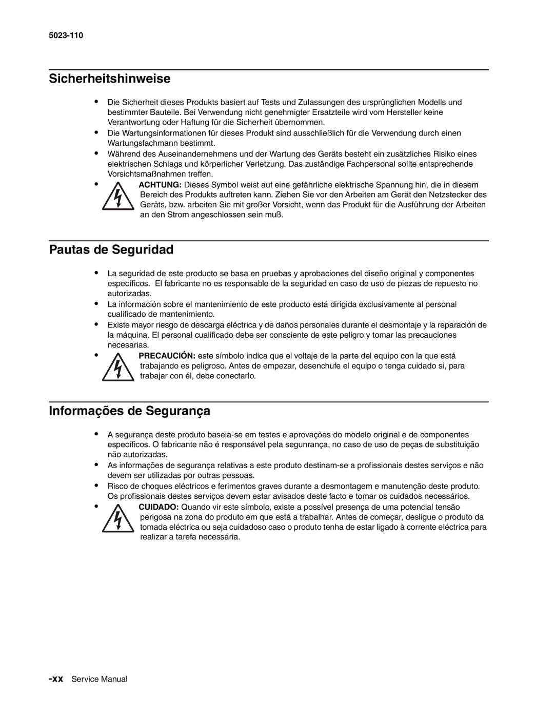 Lexmark 500n manual Sicherheitshinweise, Pautas de Seguridad, Informações de Segurança 