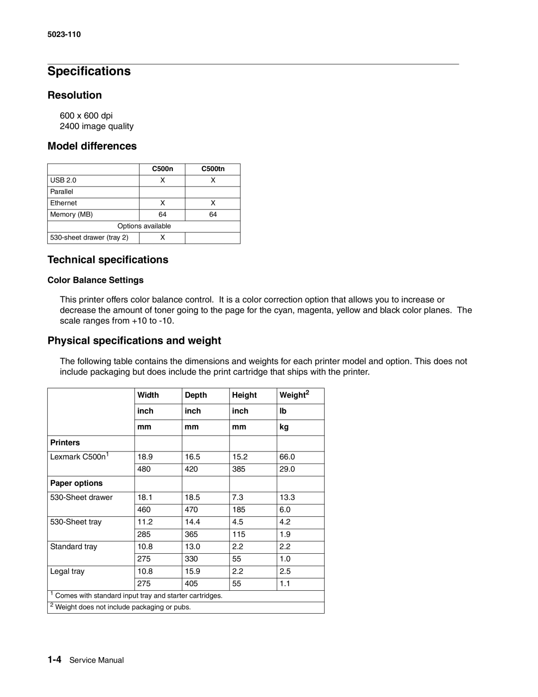 Lexmark 500n Specifications, Resolution, Model differences, Technical specifications, Physical specifications and weight 