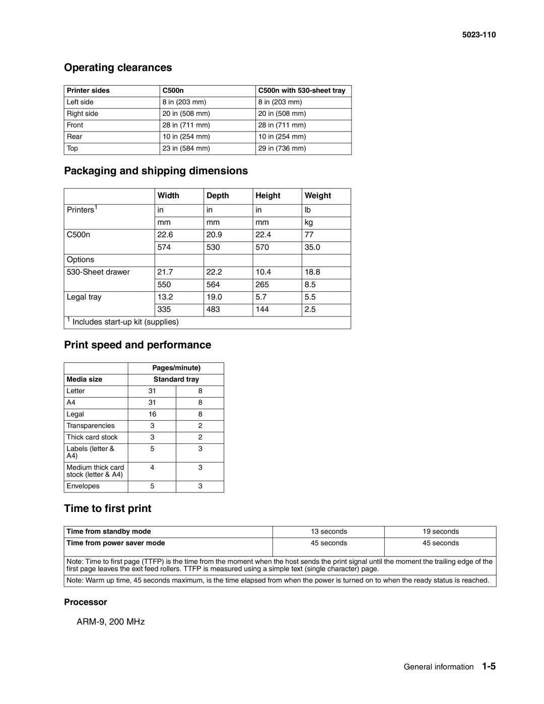 Lexmark 500n Operating clearances, Packaging and shipping dimensions, Print speed and performance, Time to first print 