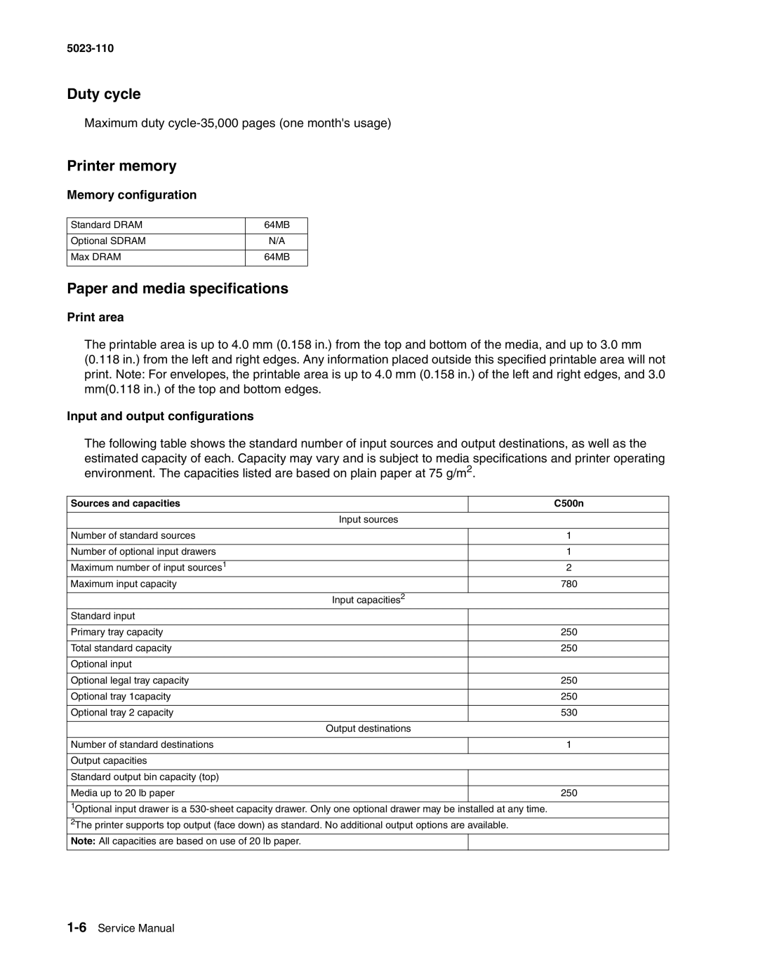 Lexmark 500n manual Duty cycle, Printer memory, Paper and media specifications 