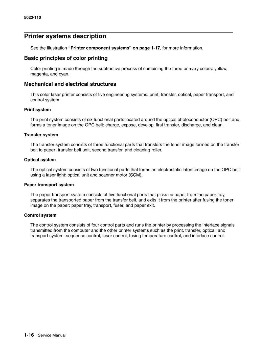 Lexmark 500n manual Printer systems description, Basic principles of color printing, Mechanical and electrical structures 