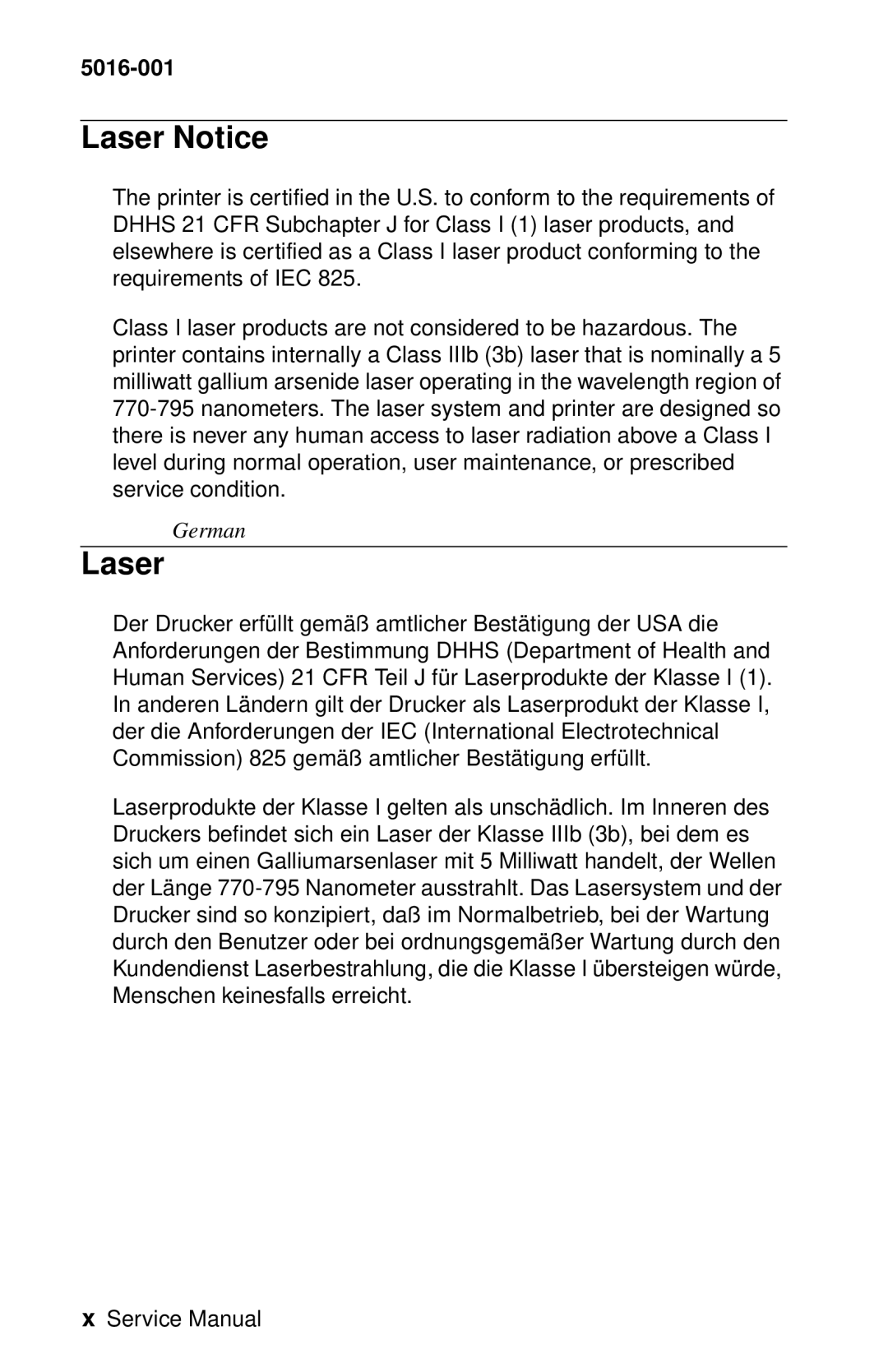 Lexmark 5016-001 manual Laser Notice 