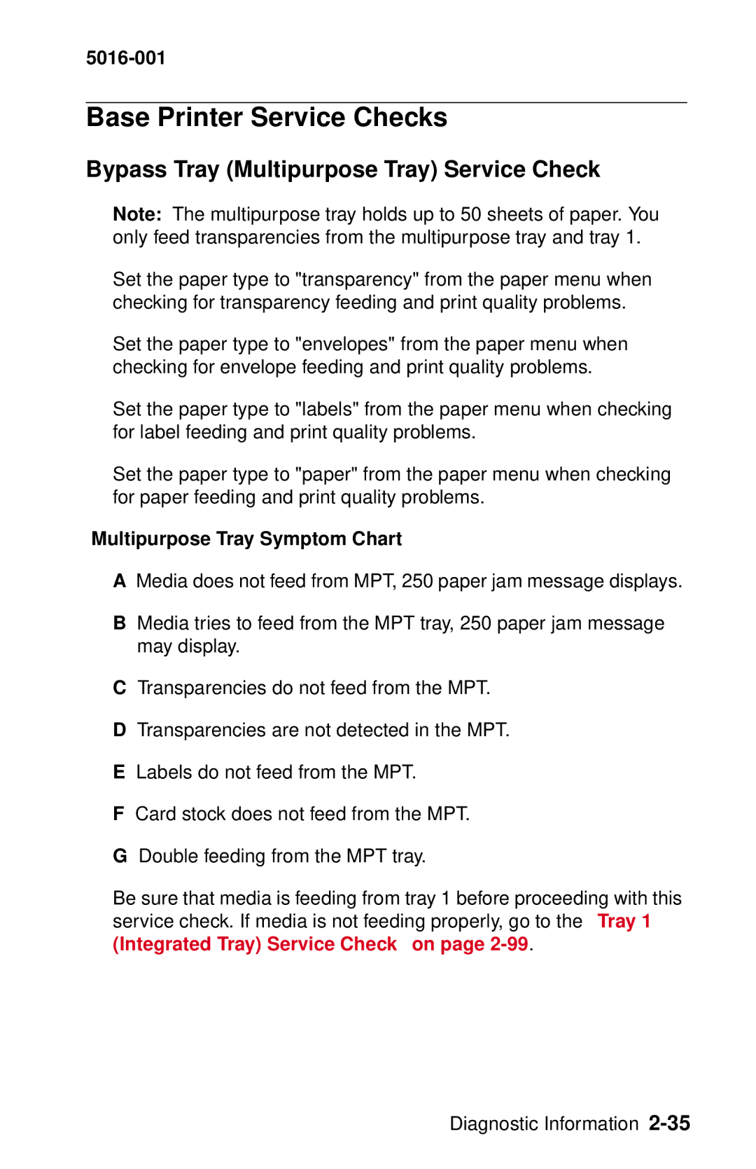 Lexmark 5016-001 Base Printer Service Checks, Bypass Tray Multipurpose Tray Service Check, Multipurpose Tray Symptom Chart 