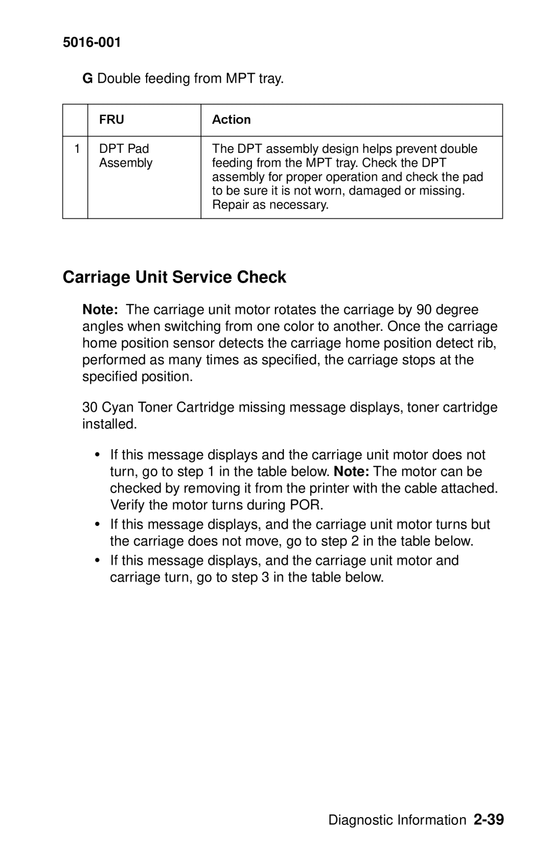 Lexmark 5016-001 manual Carriage Unit Service Check, Double feeding from MPT tray 