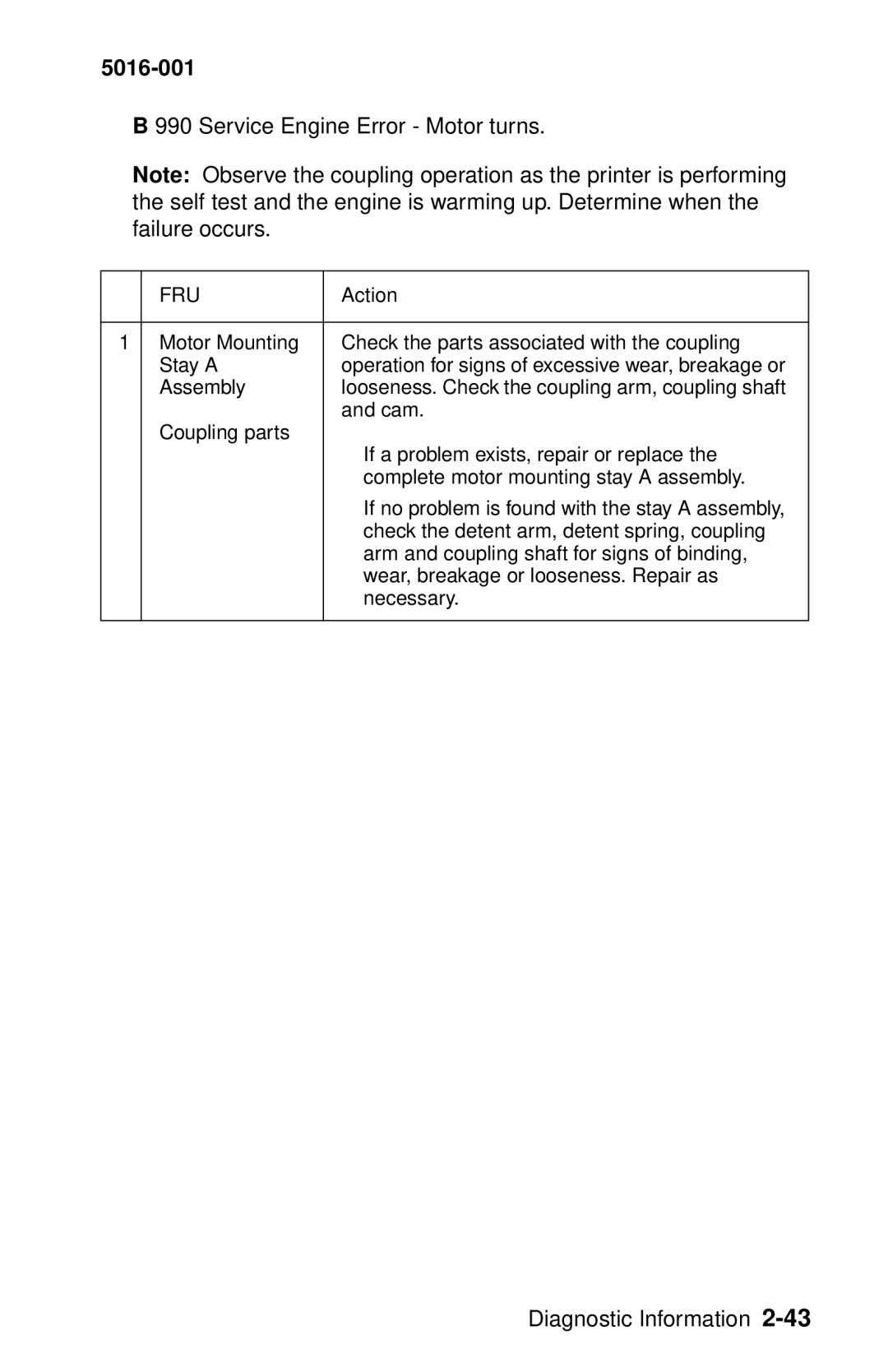 Lexmark 5016-001 manual Service Engine Error Motor turns 