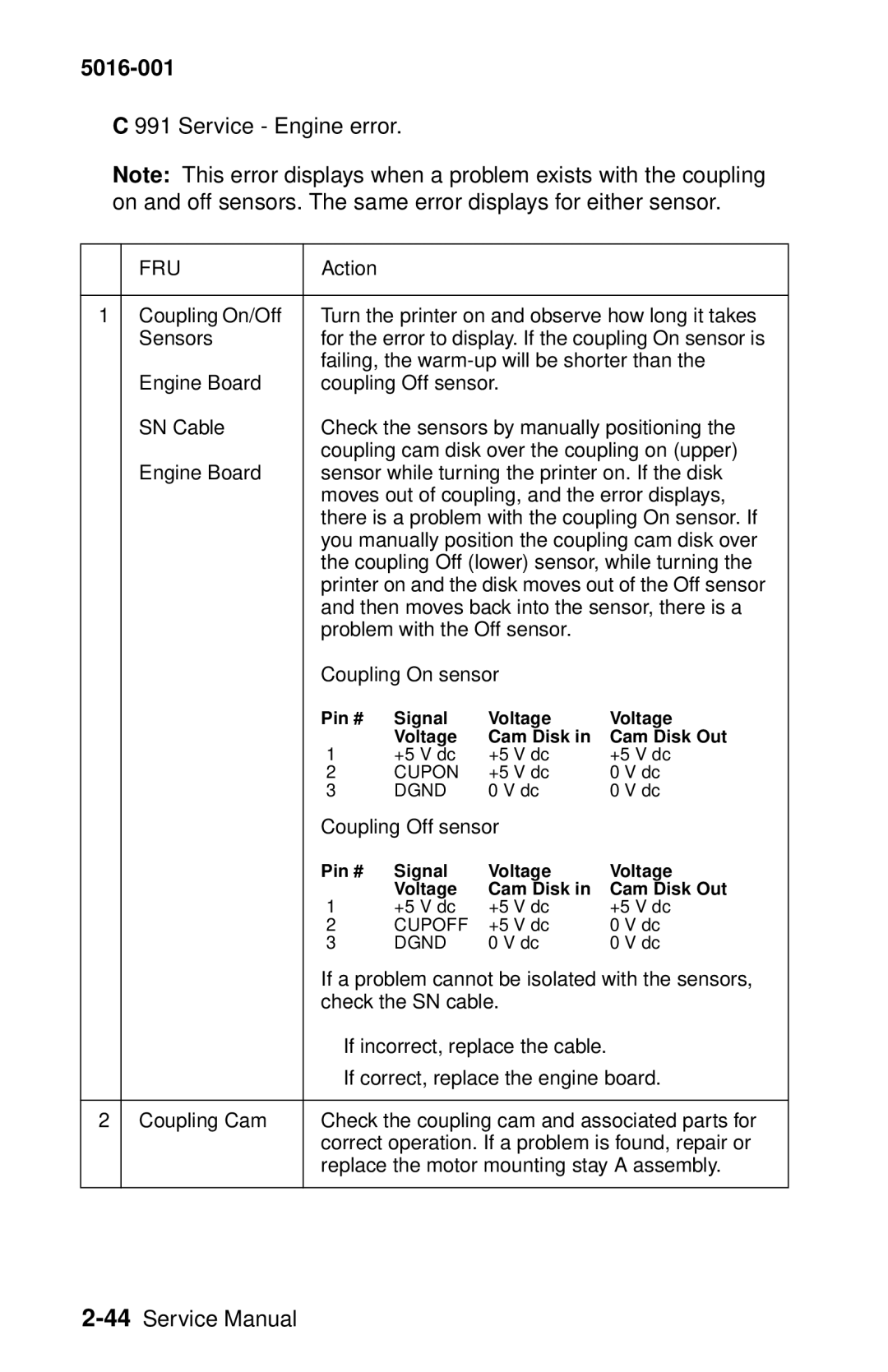 Lexmark 5016-001 manual Service Engine error 