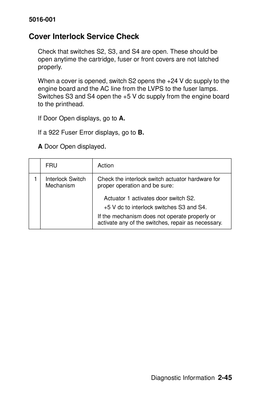 Lexmark 5016-001 manual Cover Interlock Service Check 