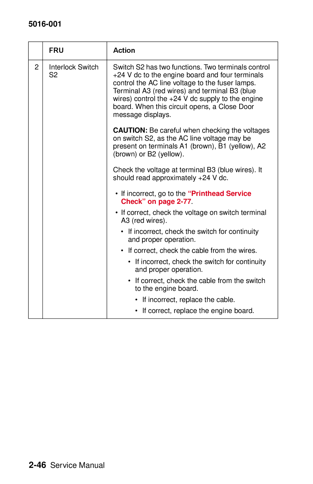 Lexmark 5016-001 manual If correct, check the voltage on switch terminal 