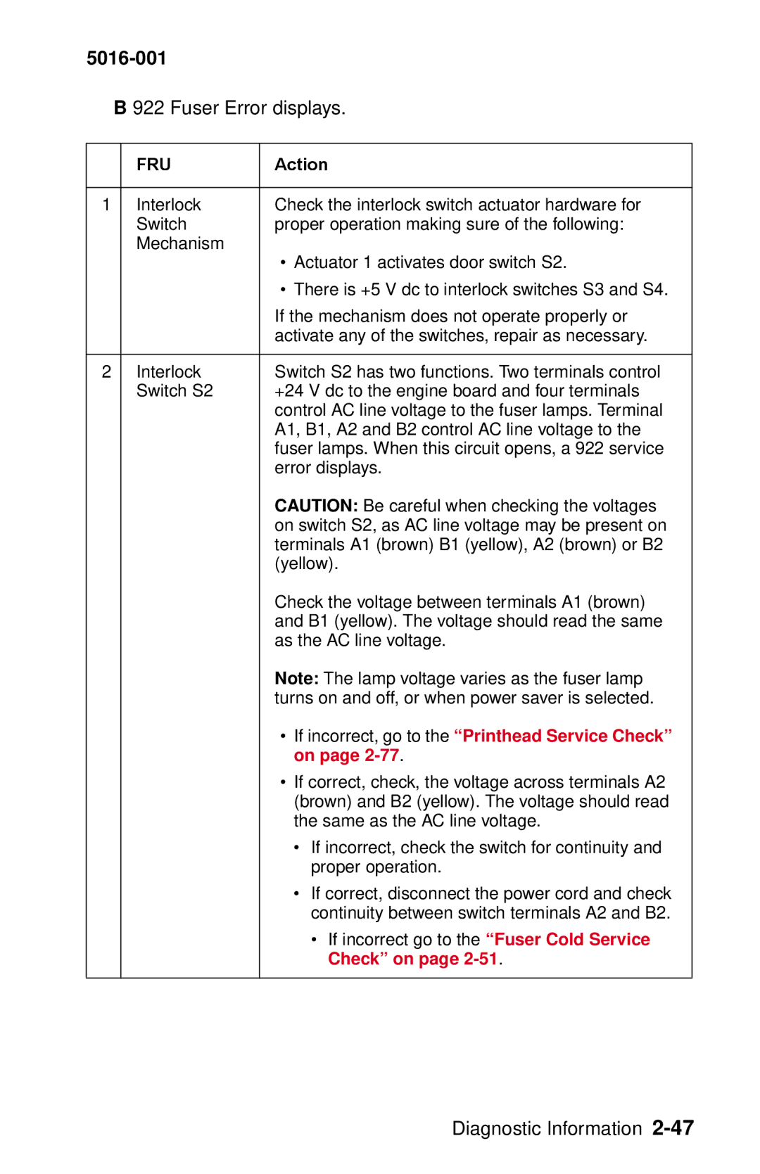 Lexmark 5016-001 manual Fuser Error displays, If incorrect, go to the Printhead Service Check 