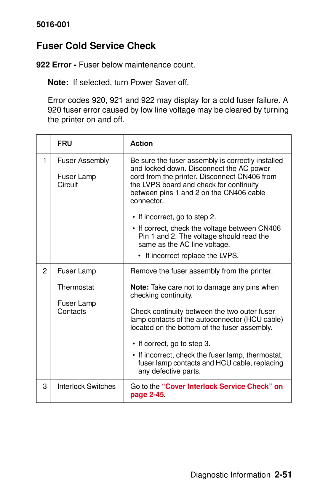 Lexmark 5016-001 manual Fuser Cold Service Check 