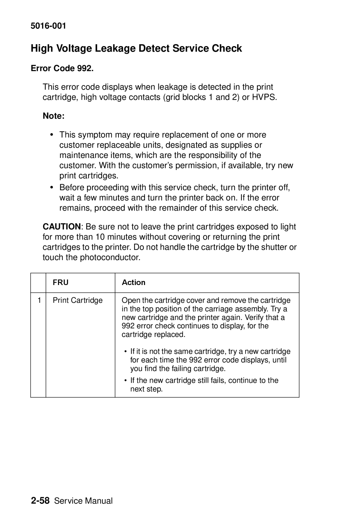 Lexmark 5016-001 manual High Voltage Leakage Detect Service Check, Error Code 