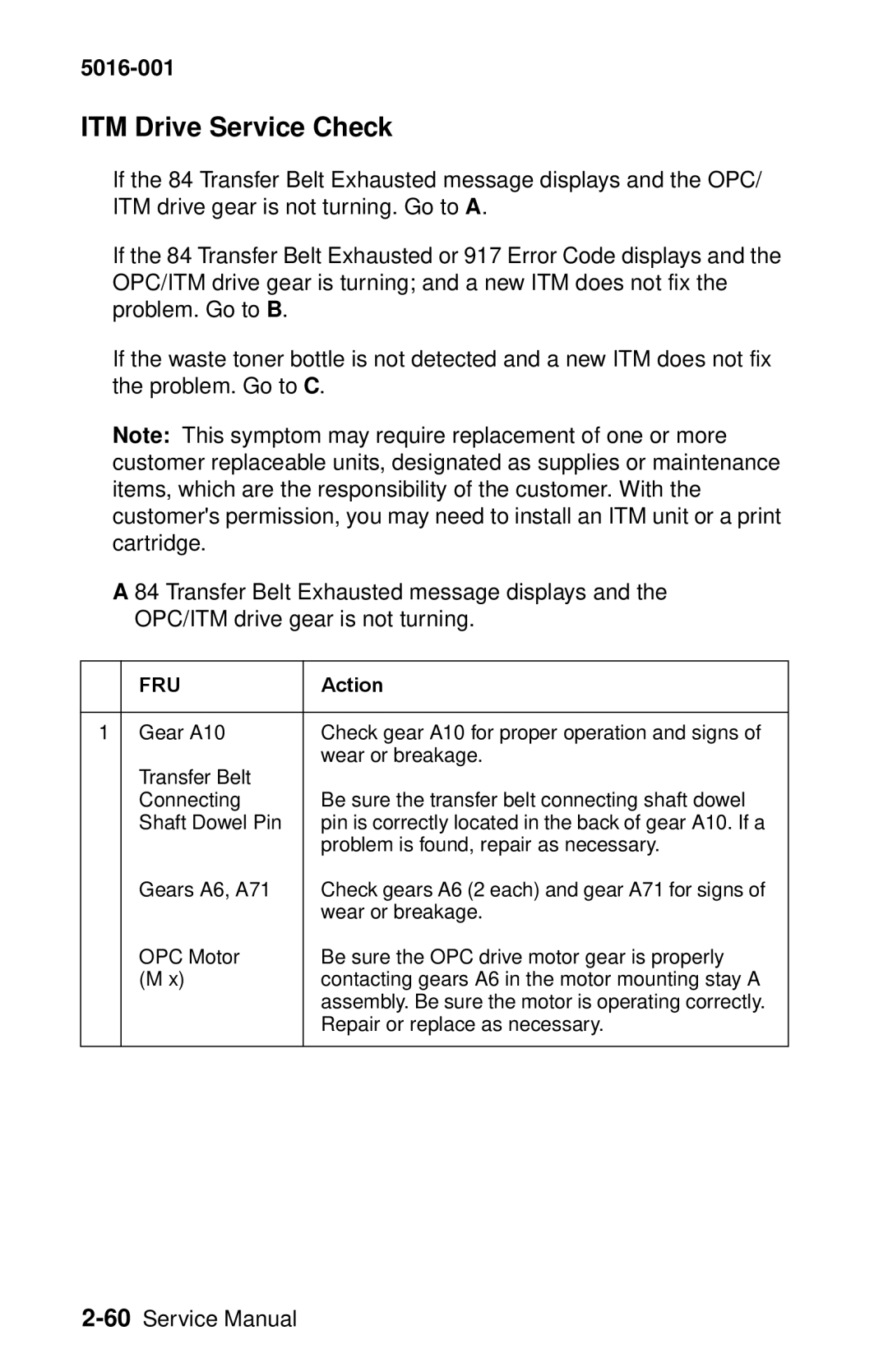 Lexmark 5016-001 manual ITM Drive Service Check 