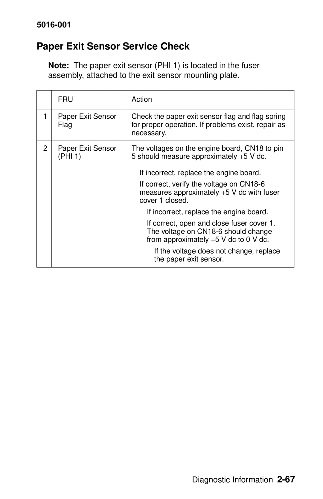 Lexmark 5016-001 manual Paper Exit Sensor Service Check 