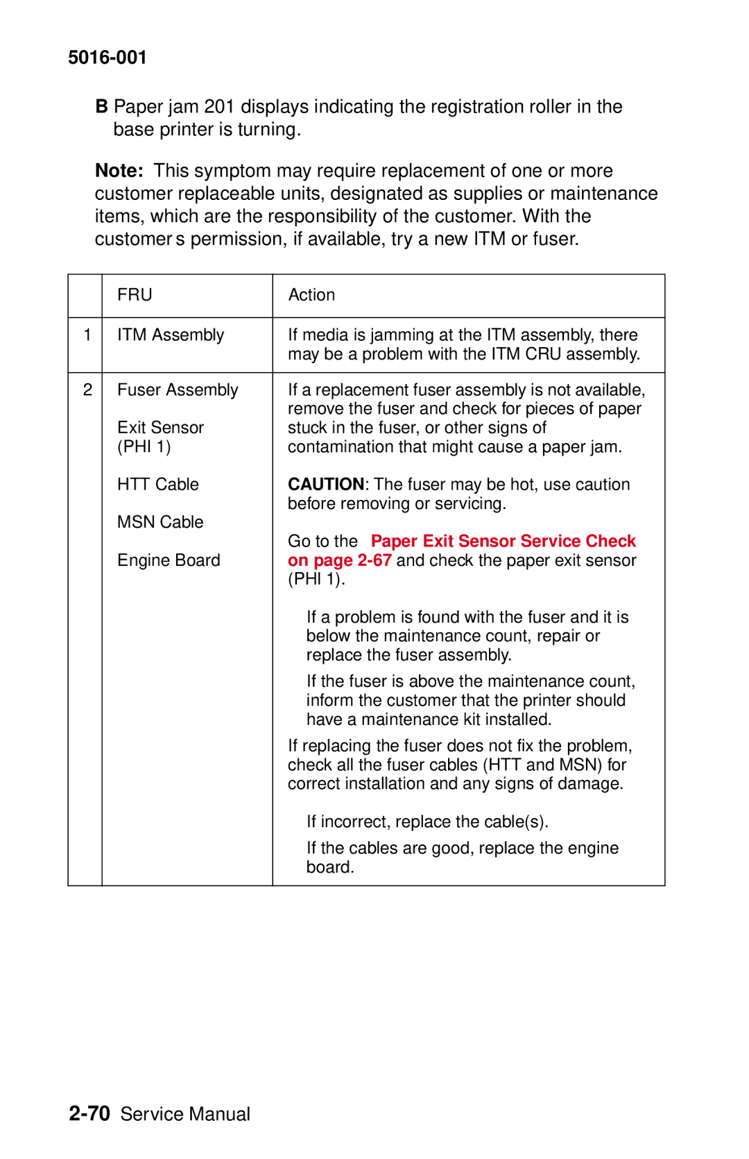 Lexmark 5016-001 manual Go to the Paper Exit Sensor Service Check 