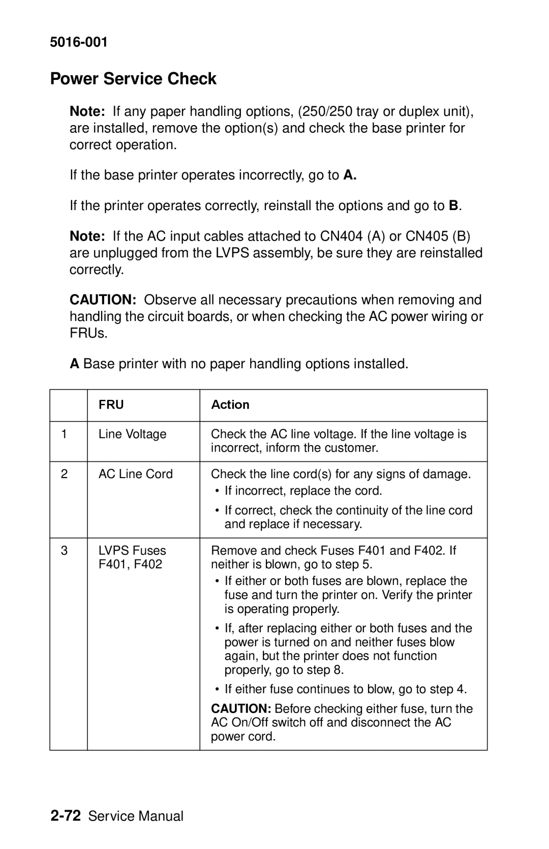 Lexmark 5016-001 manual Power Service Check 