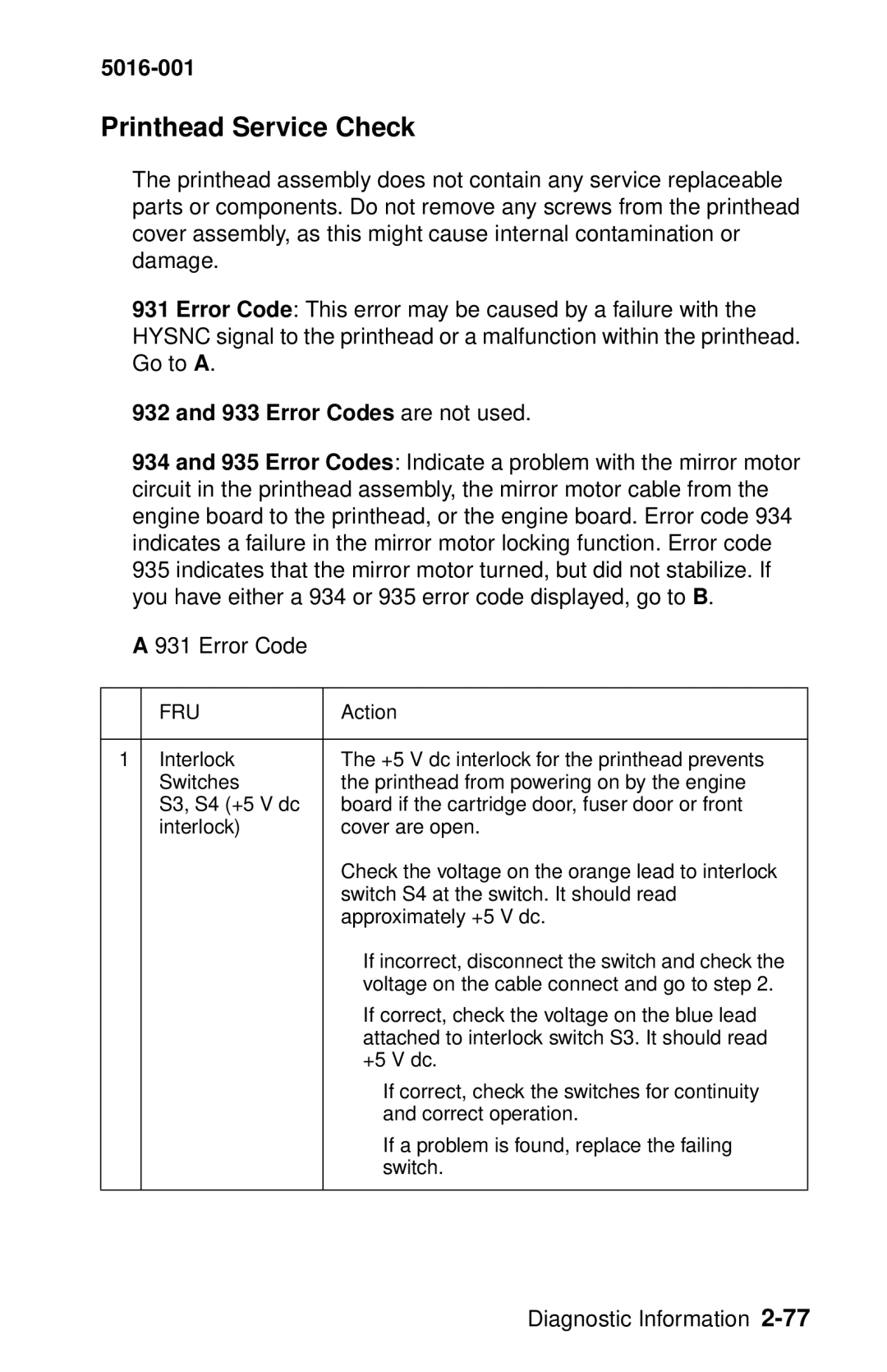 Lexmark 5016-001 manual Printhead Service Check, Error Codes are not used 