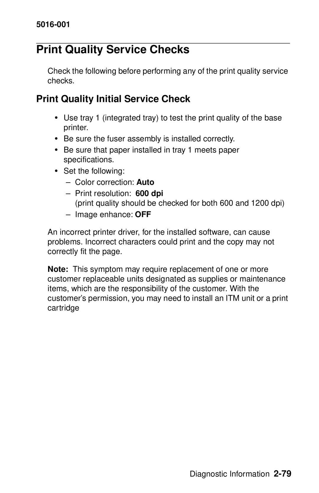 Lexmark 5016-001 manual Print Quality Service Checks, Print Quality Initial Service Check 