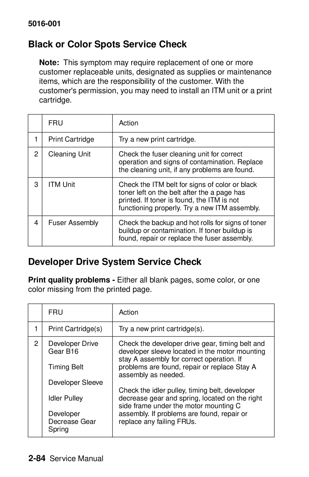 Lexmark 5016-001 manual Black or Color Spots Service Check, Developer Drive System Service Check 