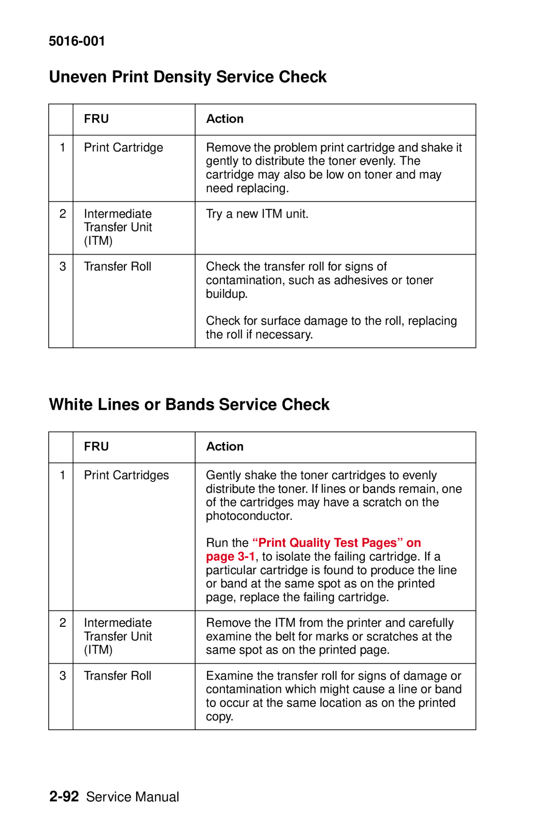 Lexmark 5016-001 manual Uneven Print Density Service Check, White Lines or Bands Service Check 