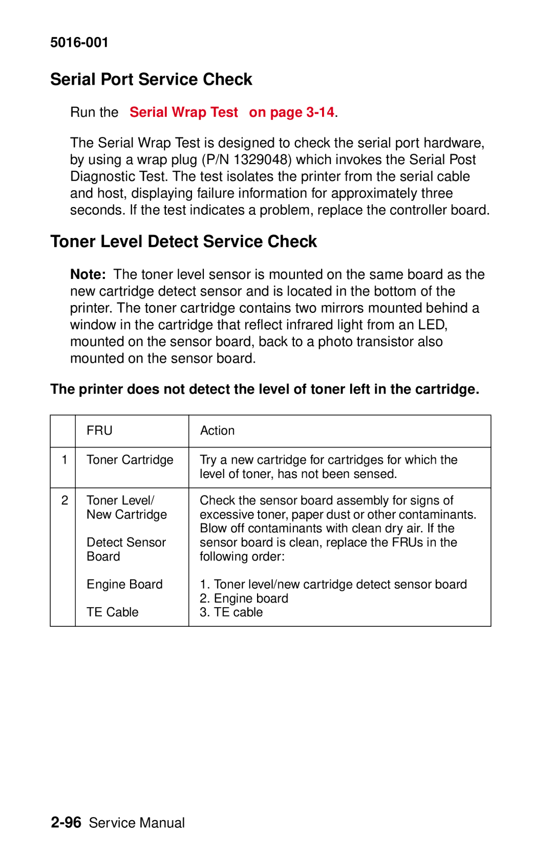 Lexmark 5016-001 manual Serial Port Service Check, Toner Level Detect Service Check 