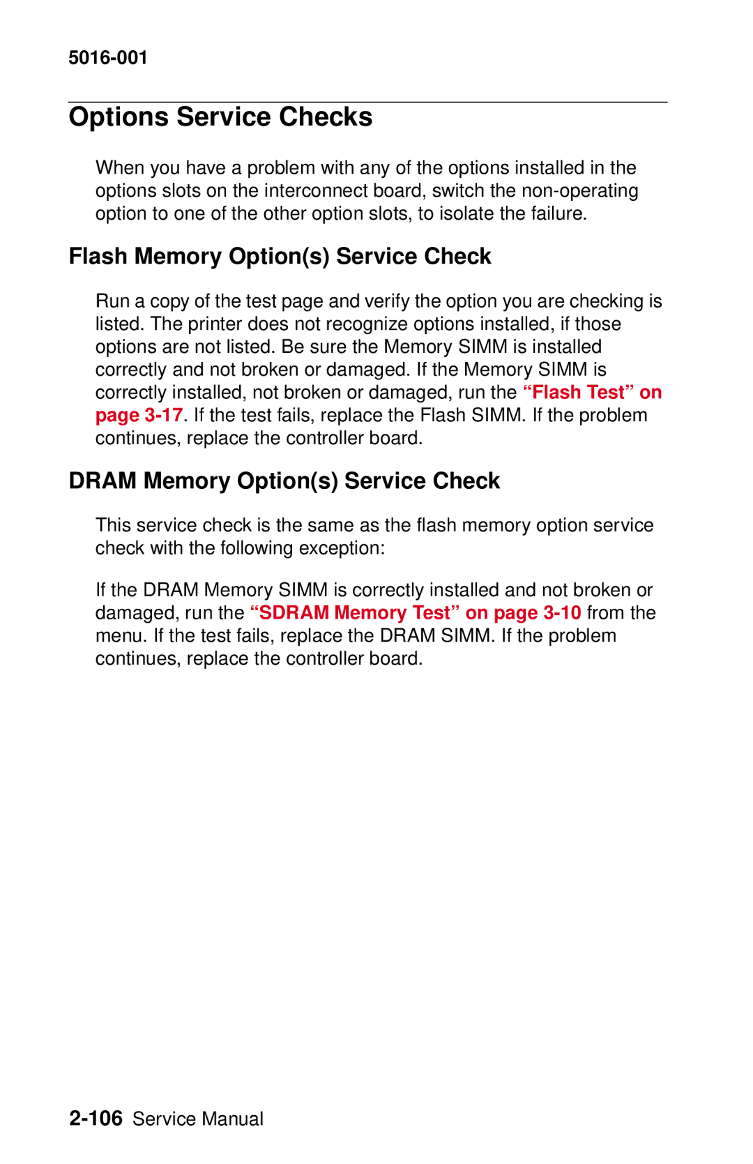 Lexmark 5016-001 manual Options Service Checks, Flash Memory Options Service Check, Dram Memory Options Service Check 