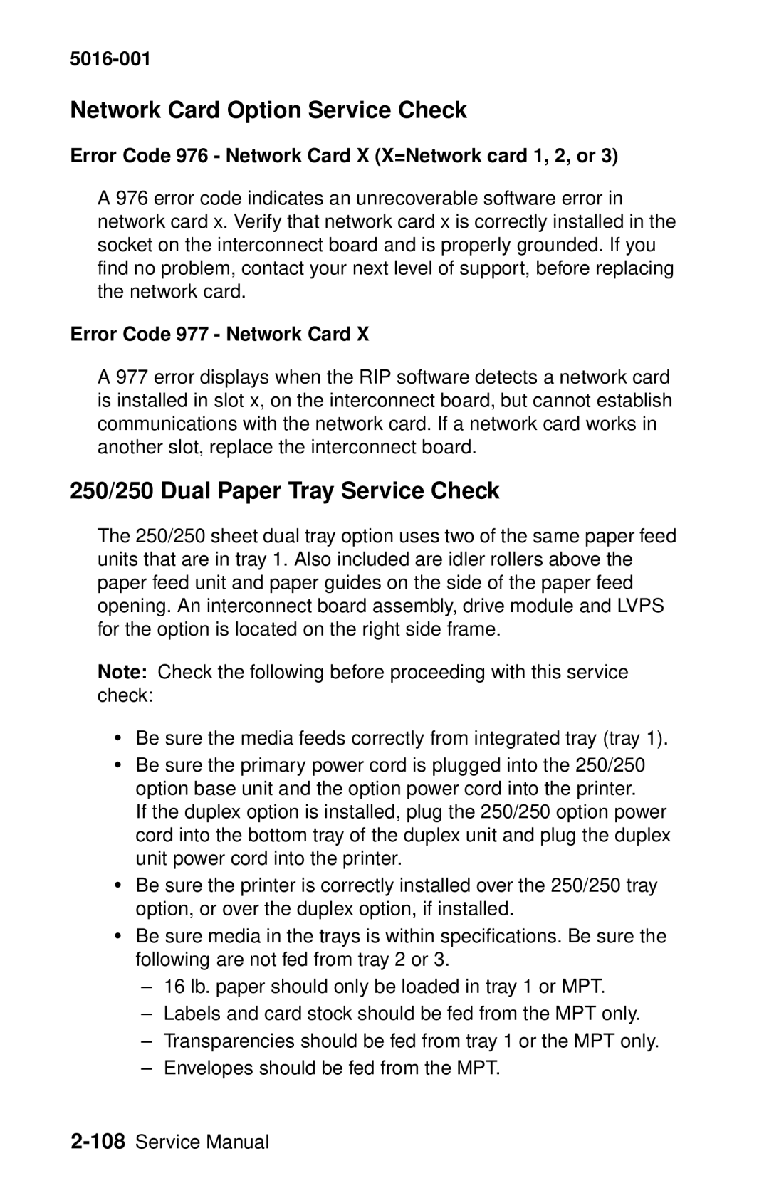 Lexmark 5016-001 Network Card Option Service Check, 250/250 Dual Paper Tray Service Check, Error Code 977 Network Card 