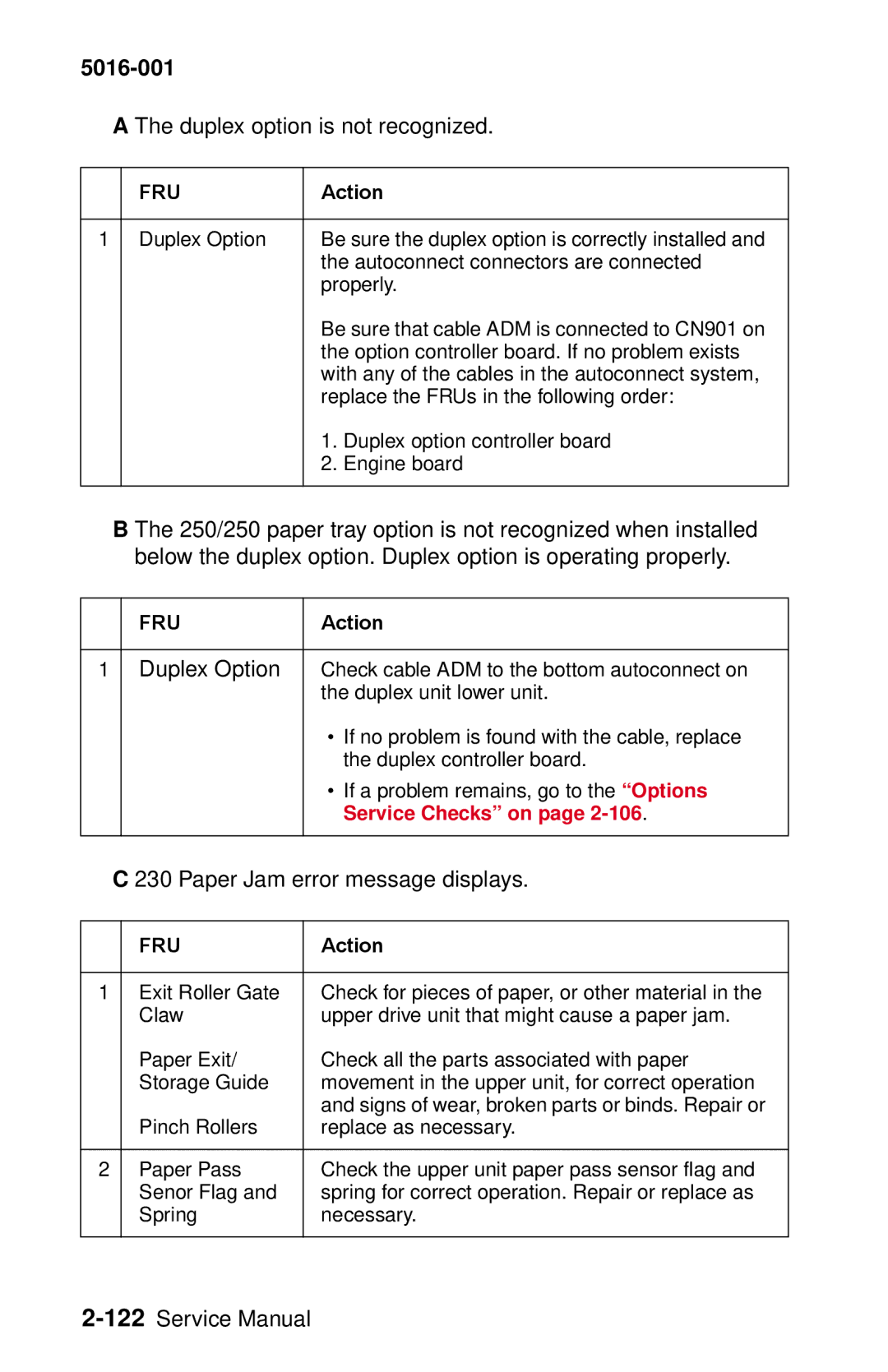 Lexmark 5016-001 manual Duplex option is not recognized, Paper Jam error message displays 