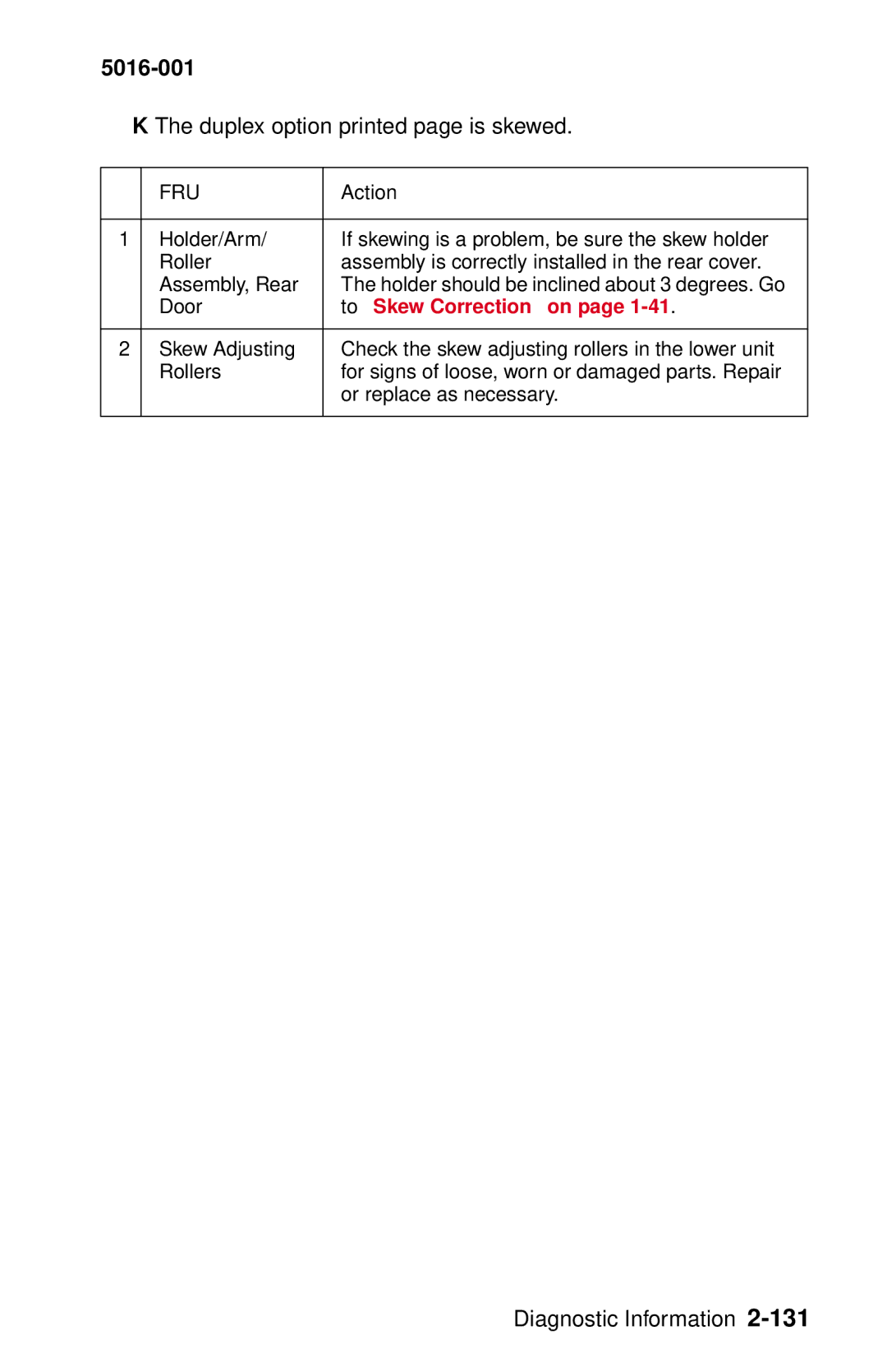 Lexmark 5016-001 manual Duplex option printed page is skewed, To Skew Correction on 