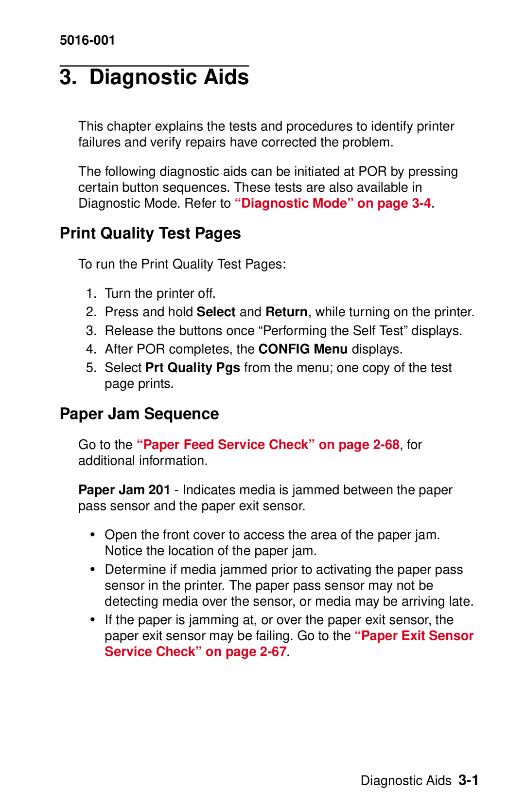 Lexmark 5016-001 manual Print Quality Test Pages, Paper Jam Sequence 