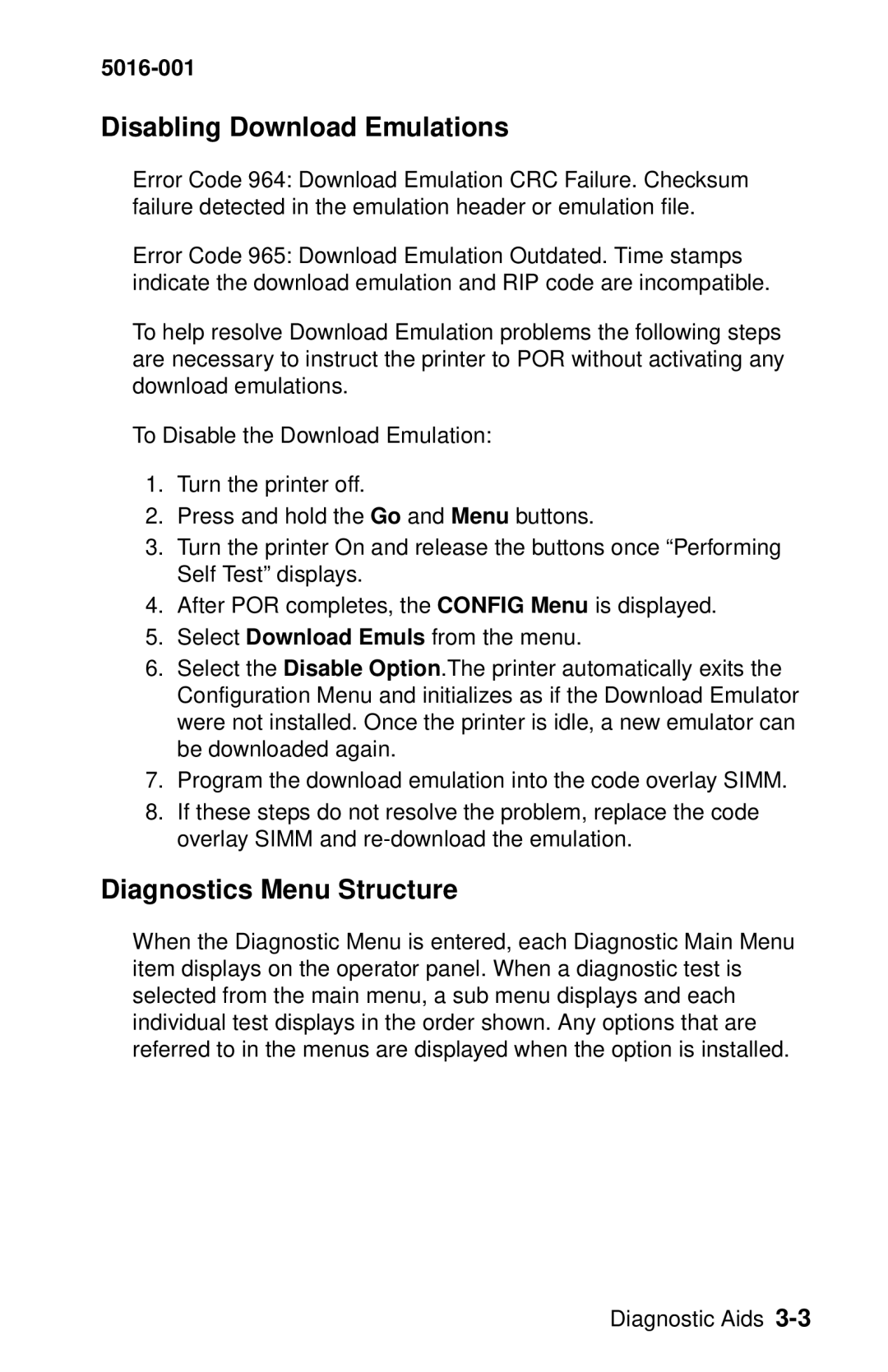 Lexmark 5016-001 manual Disabling Download Emulations, Diagnostics Menu Structure 