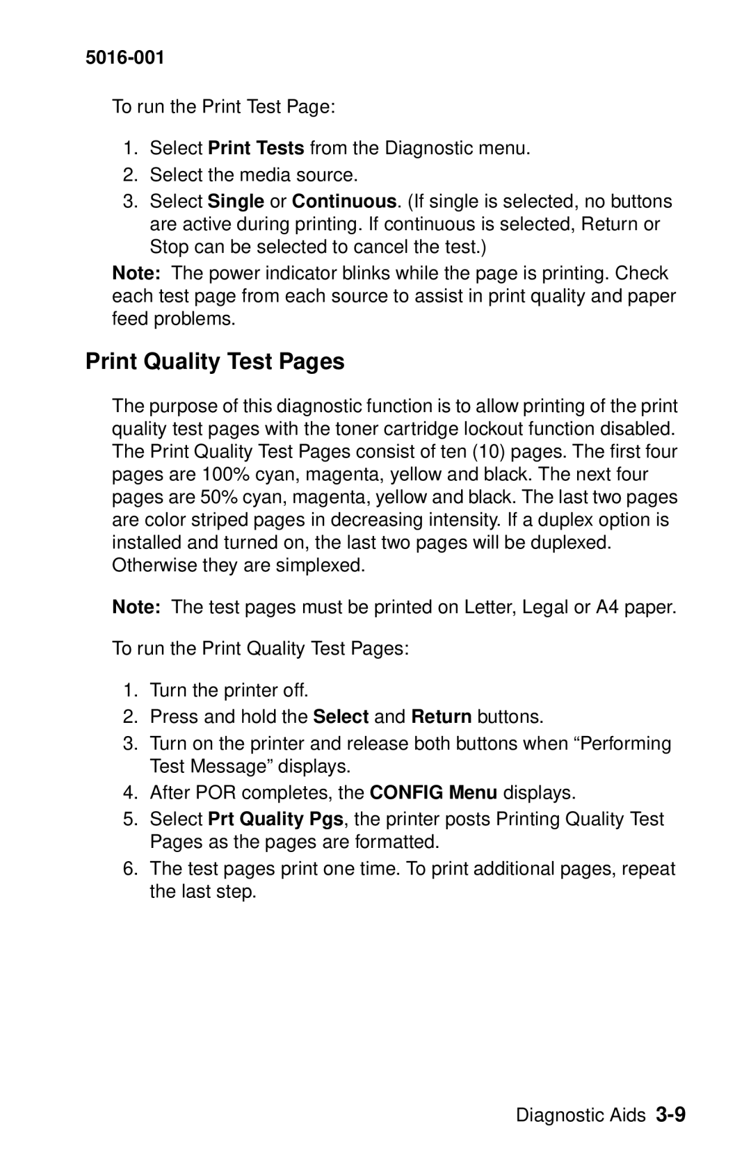 Lexmark 5016-001 manual Print Quality Test Pages 