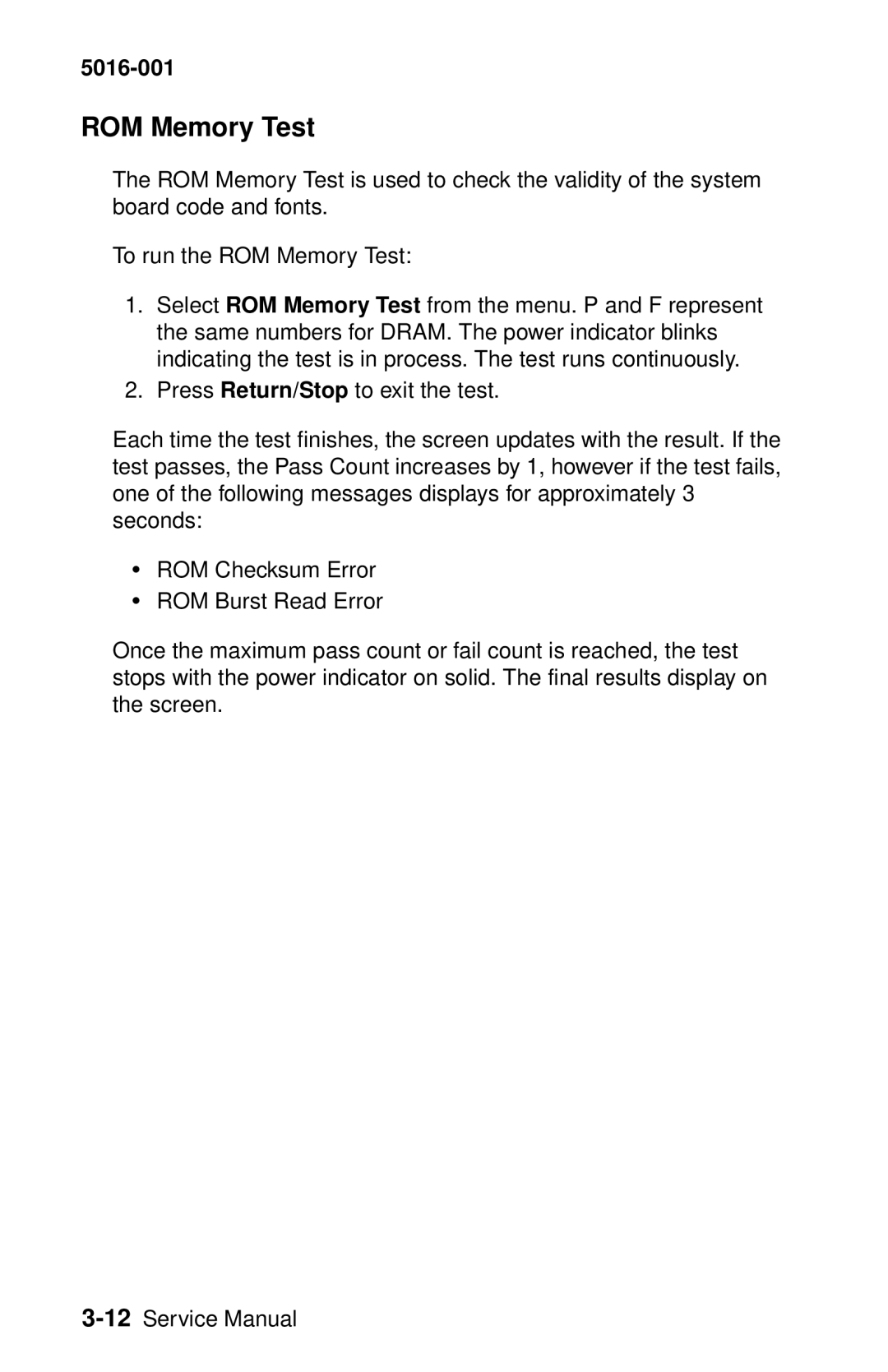 Lexmark 5016-001 manual ROM Memory Test 