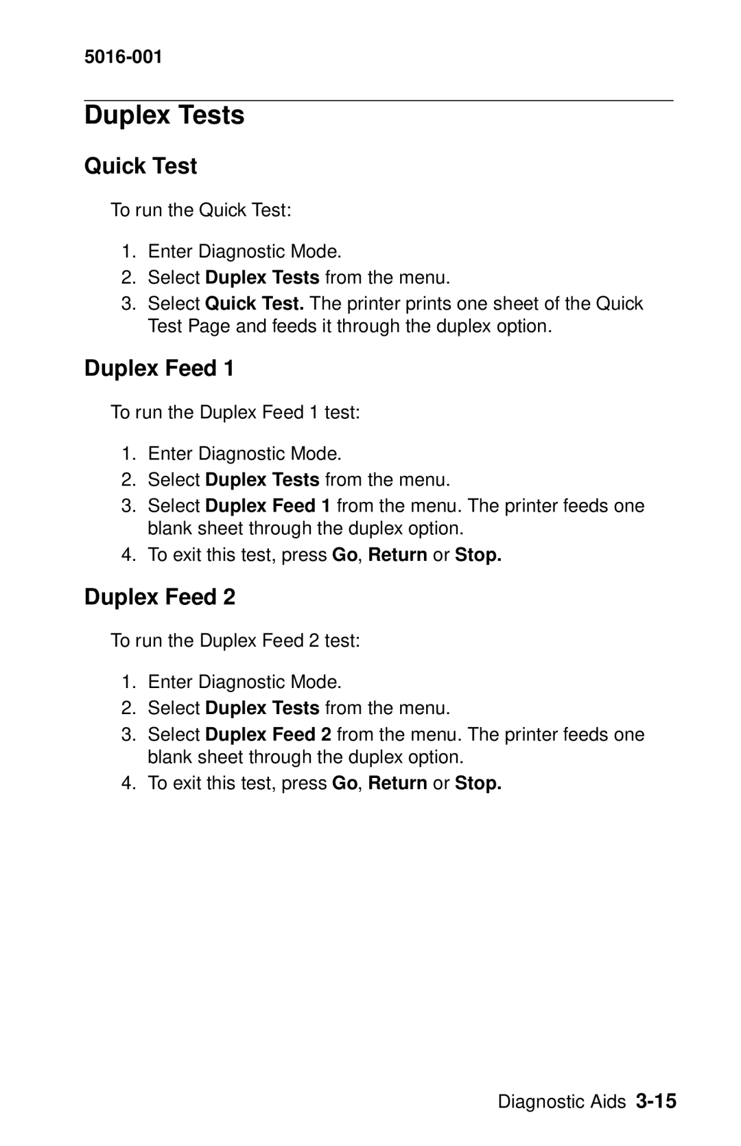 Lexmark 5016-001 manual Duplex Tests, Quick Test, Duplex Feed 