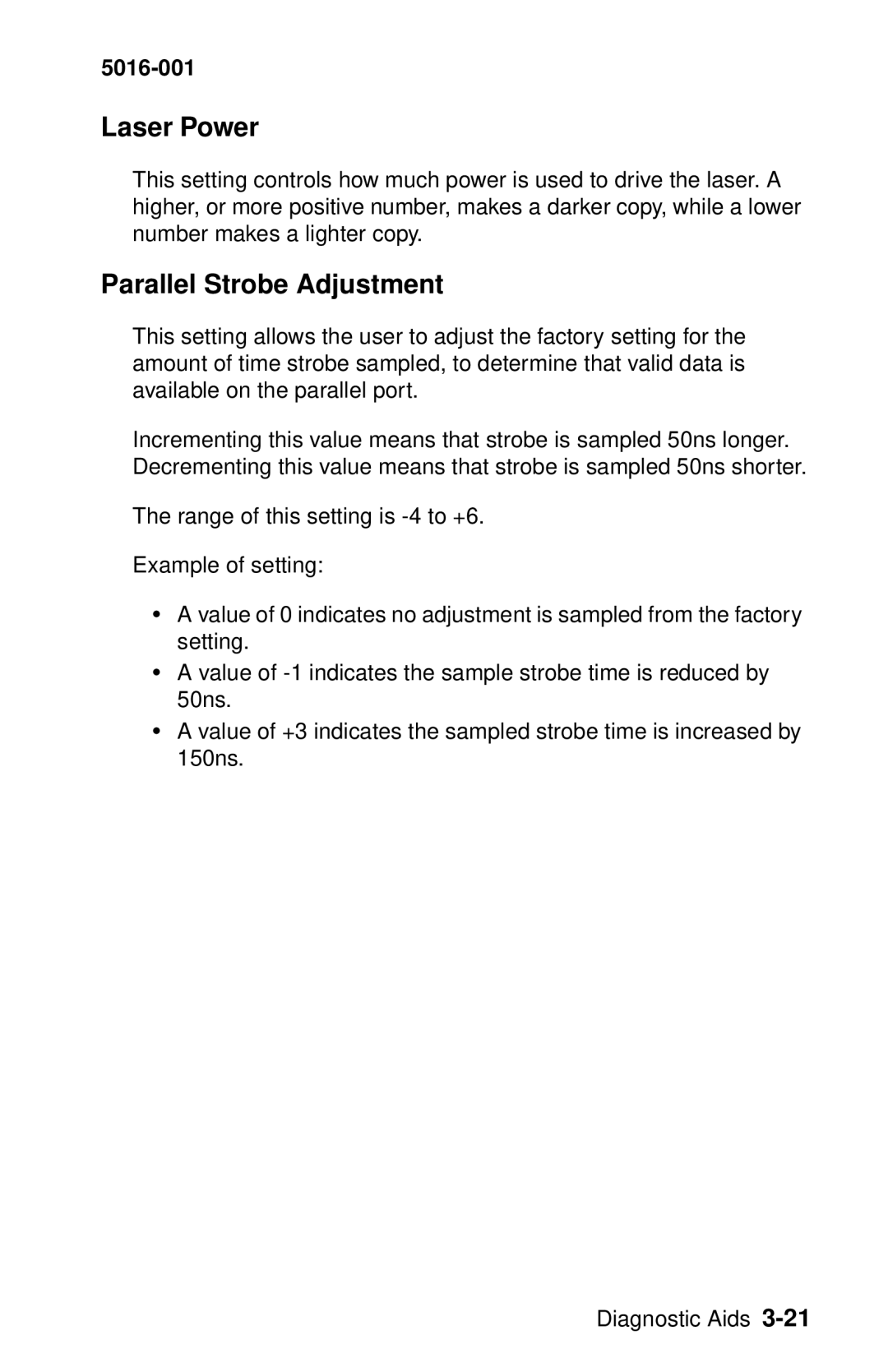 Lexmark 5016-001 manual Laser Power, Parallel Strobe Adjustment 