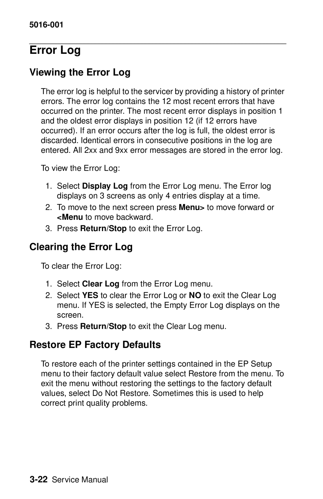 Lexmark 5016-001 manual Viewing the Error Log, Clearing the Error Log, Restore EP Factory Defaults 