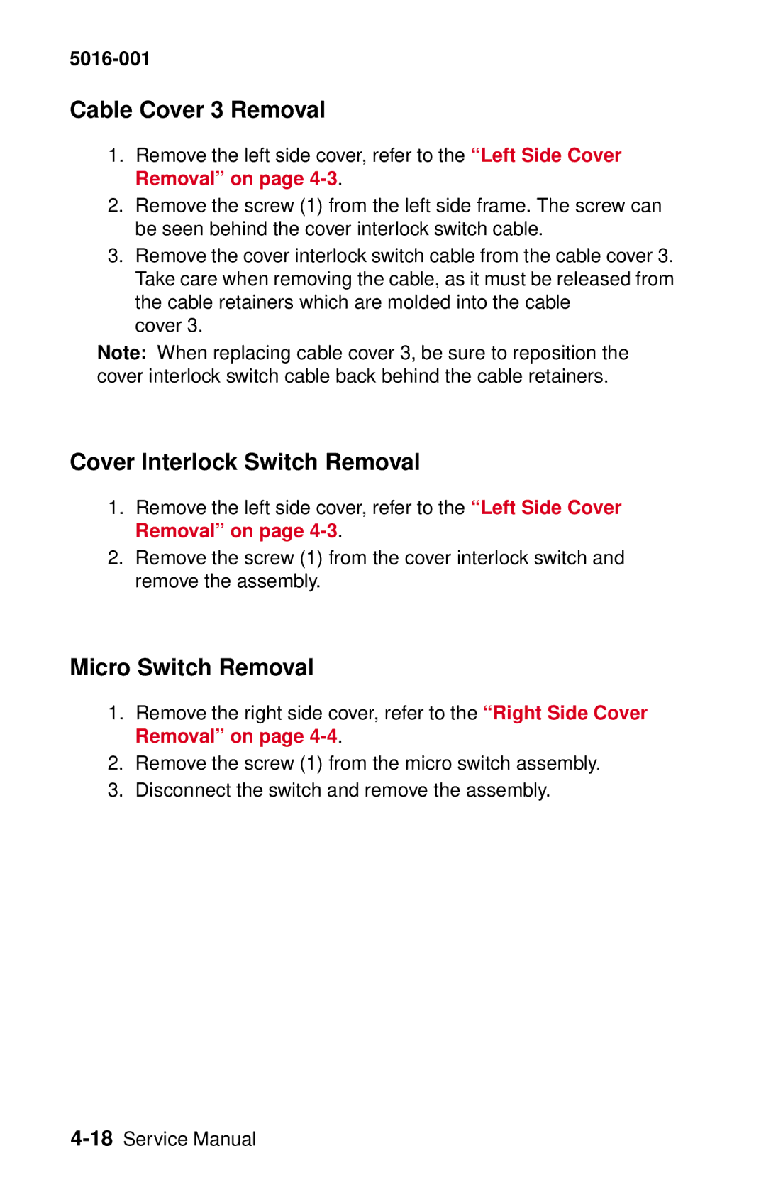 Lexmark 5016-001 manual Cable Cover 3 Removal, Cover Interlock Switch Removal, Micro Switch Removal 