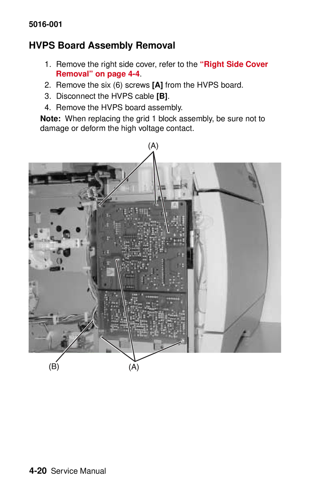 Lexmark 5016-001 manual Hvps Board Assembly Removal 