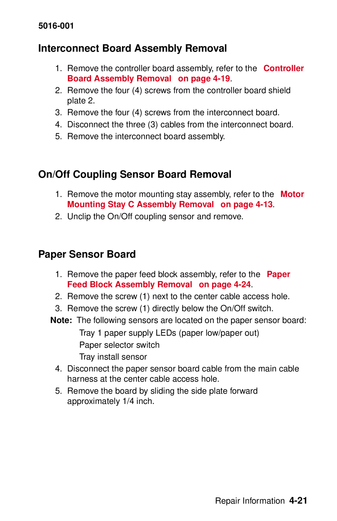 Lexmark 5016-001 manual Interconnect Board Assembly Removal, On/Off Coupling Sensor Board Removal, Paper Sensor Board 