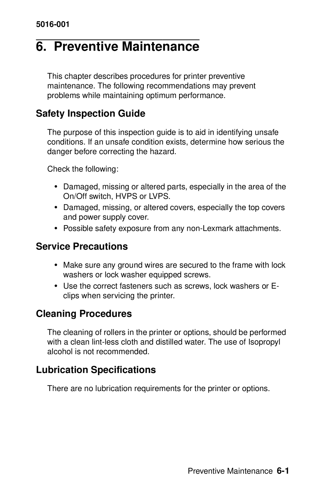 Lexmark 5016-001 manual Safety Inspection Guide, Service Precautions, Cleaning Procedures, Lubrication Specifications 