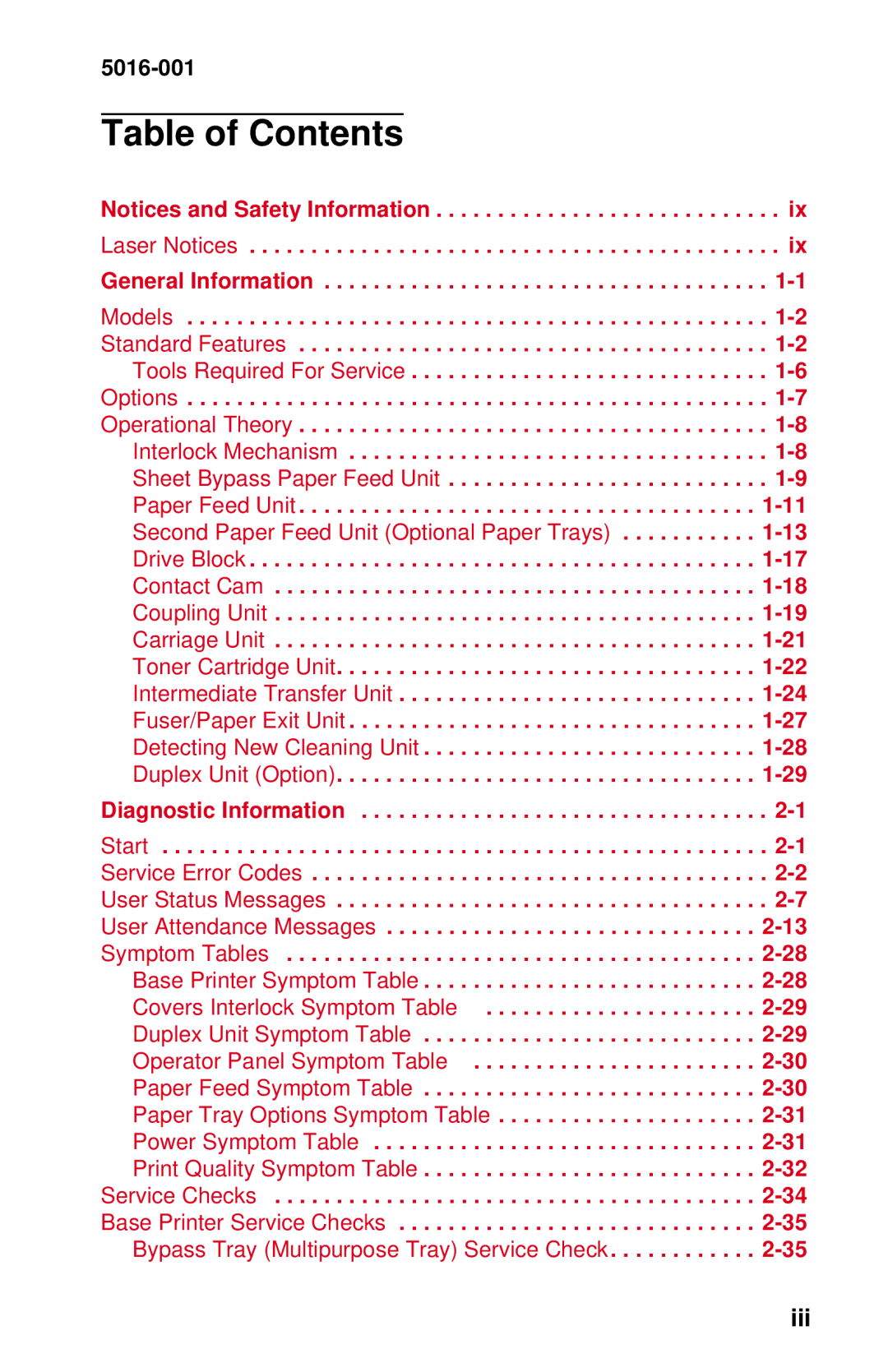 Lexmark 5016-001 manual Table of Contents 