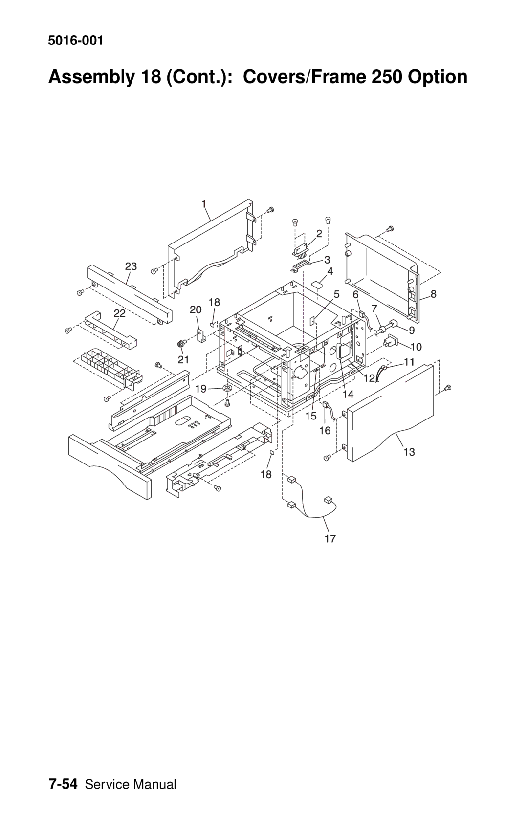 Lexmark 5016-001 manual Assembly 18 Cont. Covers/Frame 250 Option 