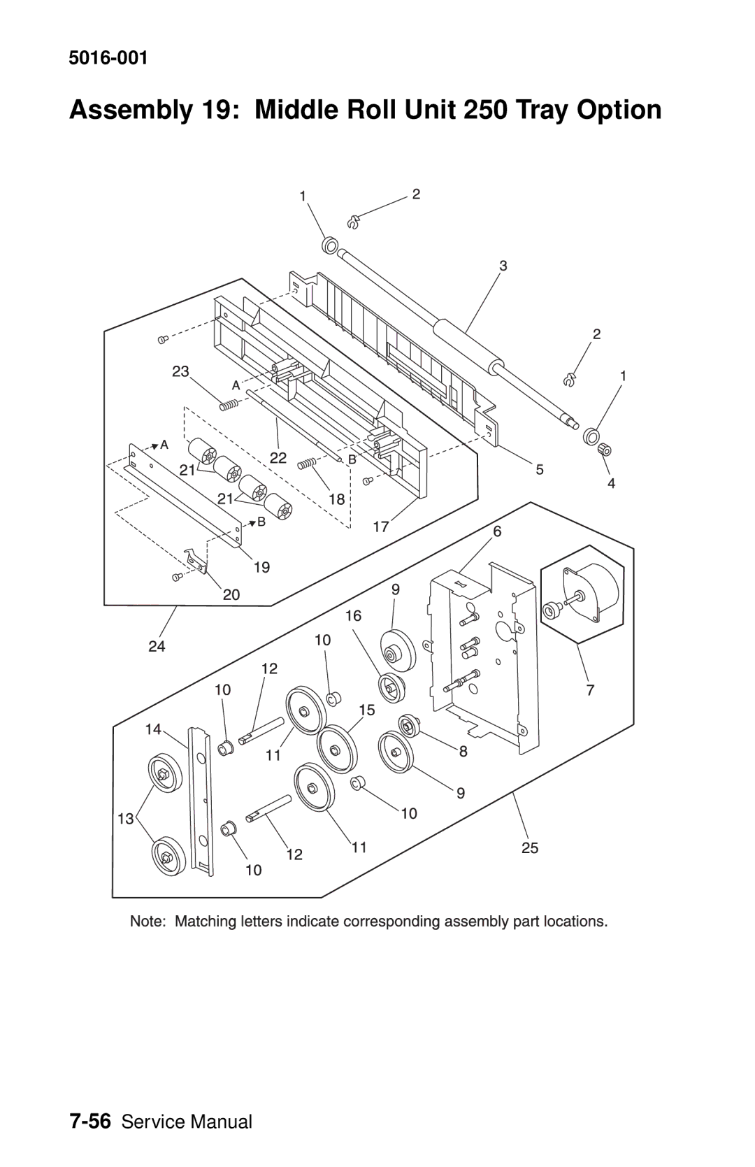 Lexmark 5016-001 manual Assembly 19 Middle Roll Unit 250 Tray Option 